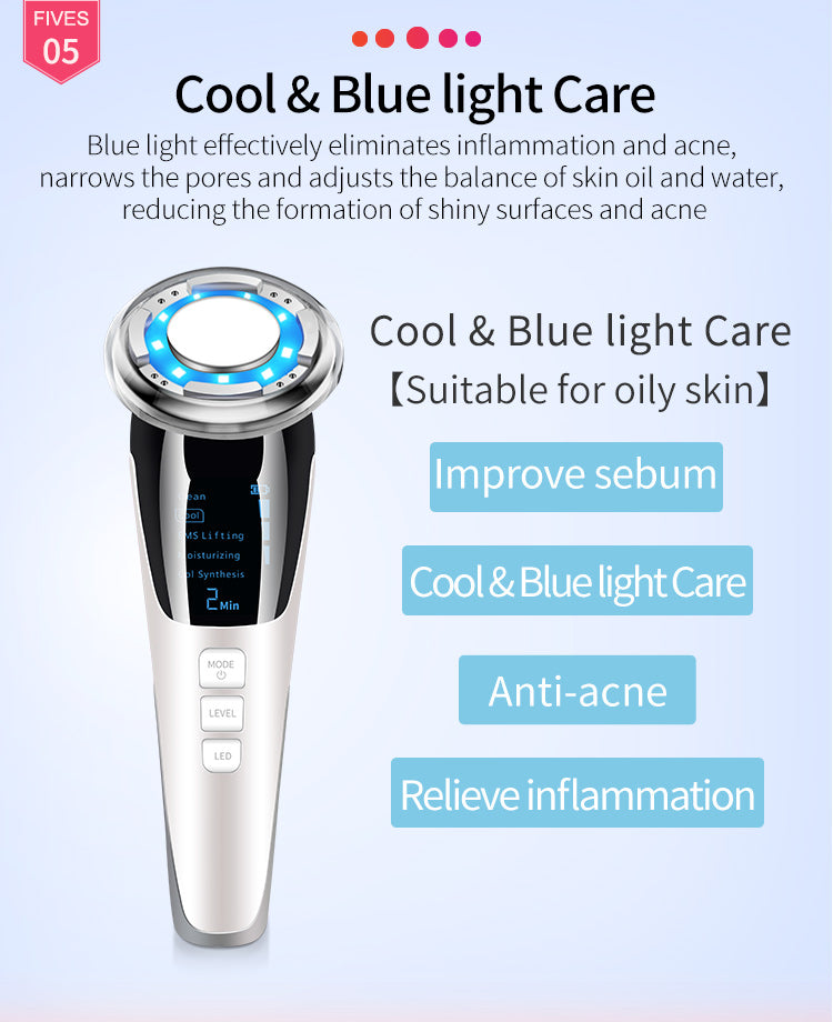 5-in-1 Red and Blue Light Facial Therapy Device | EMS Skin Tightening, Hot & Cool Lifting and Anti-Aging Face Massager for Puffiness and Fine Lines