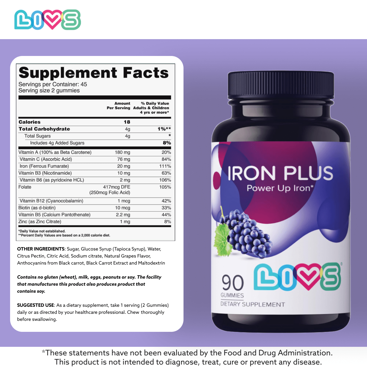 Iron Plus Multivitamin Gummies | 20mg Iron with B12, Vitamin C & Zinc | Vegan Grape Gummies (Halal • Kosher • Gluten-Free)