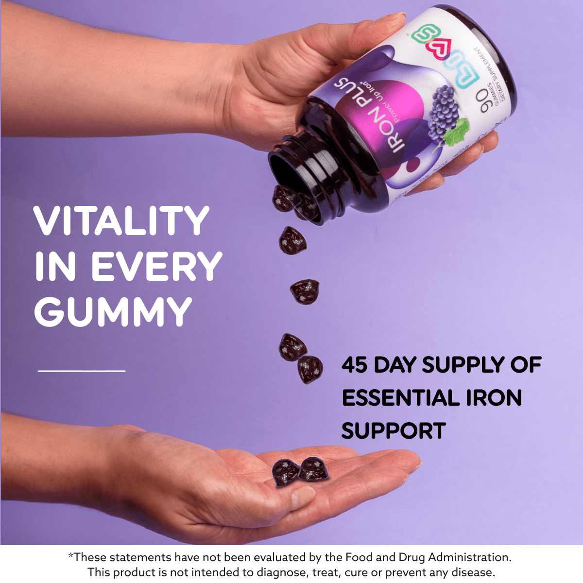 Iron Plus Multivitamin Gummies | 20mg Iron with B12, Vitamin C & Zinc | Vegan Grape Gummies (Halal • Kosher • Gluten-Free)